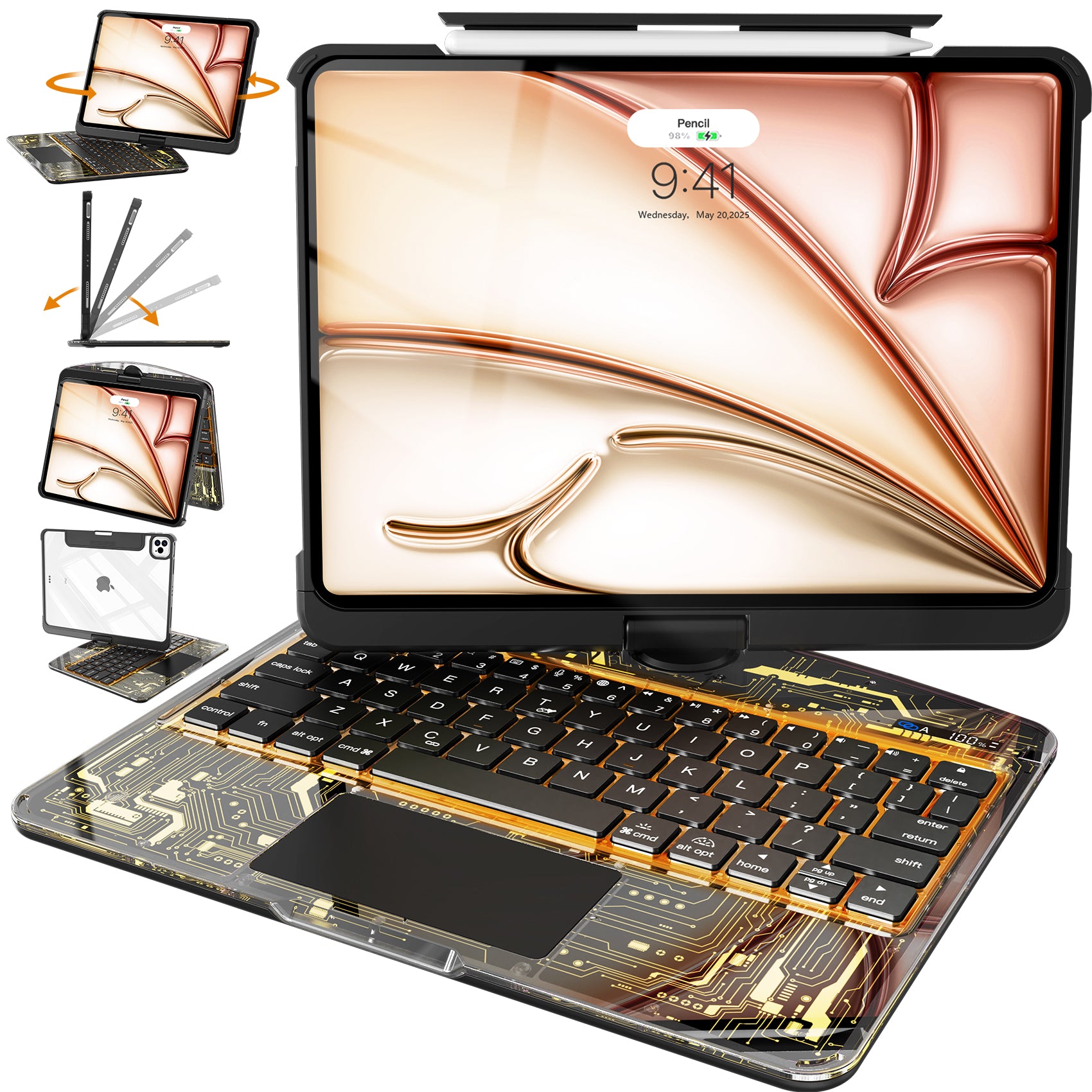 Transparent 360° Rotatable Black mechanical iPad Keyboard Case TIAOTA