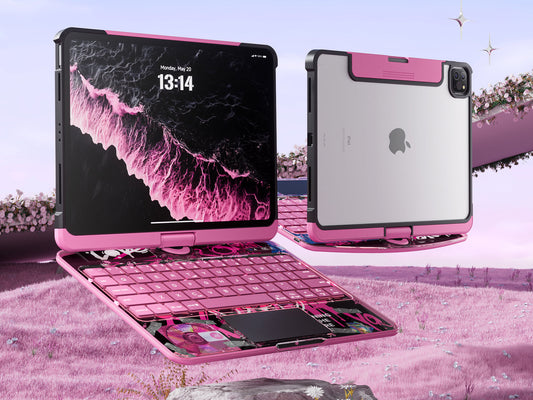 Y2K aesthetic transparent iPad keyboard case in pink with backlit keys