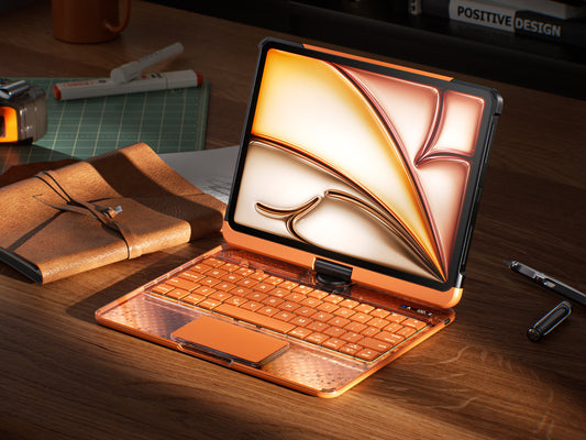 Transparent orange iPad keyboard case in the Cosmic Orange design