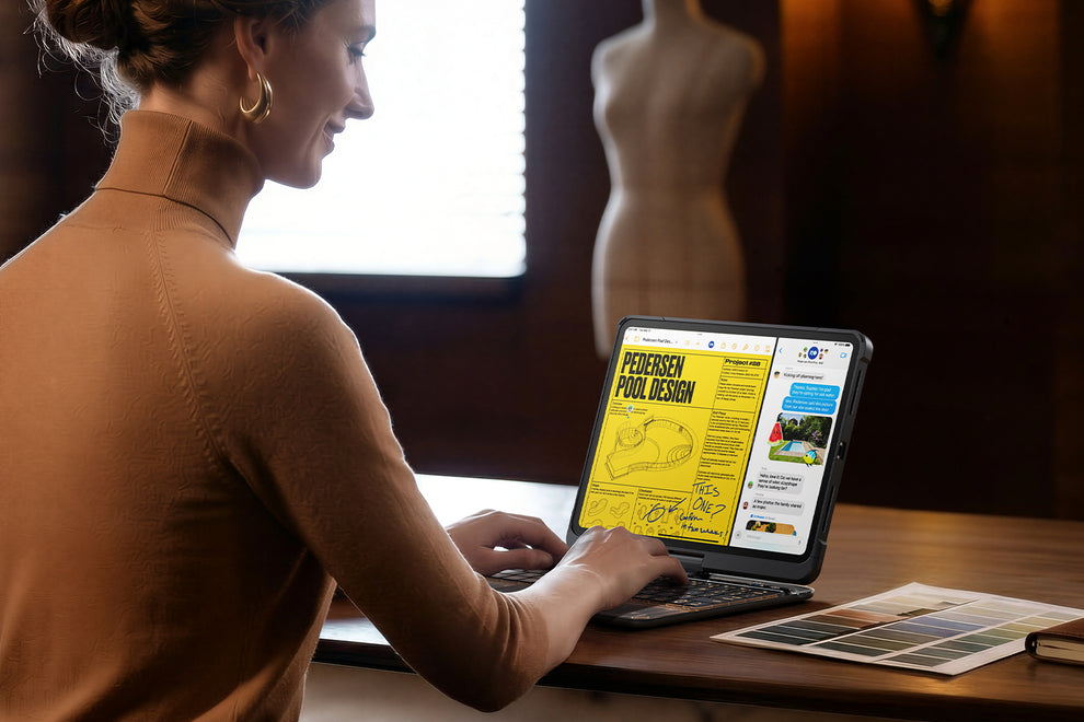 Everyday planner using the transparent iPad keyboard case for work, offering ergonomic comfort and style.