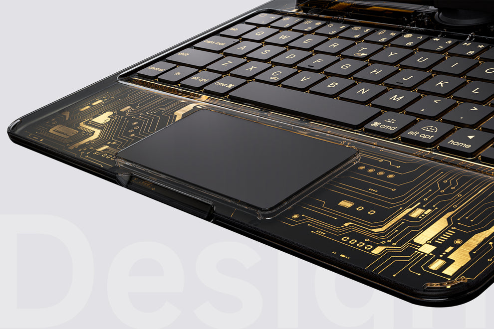 Close-up view of the transparent iPad keyboard case with backlit keys, showcasing sleek design and functionality.