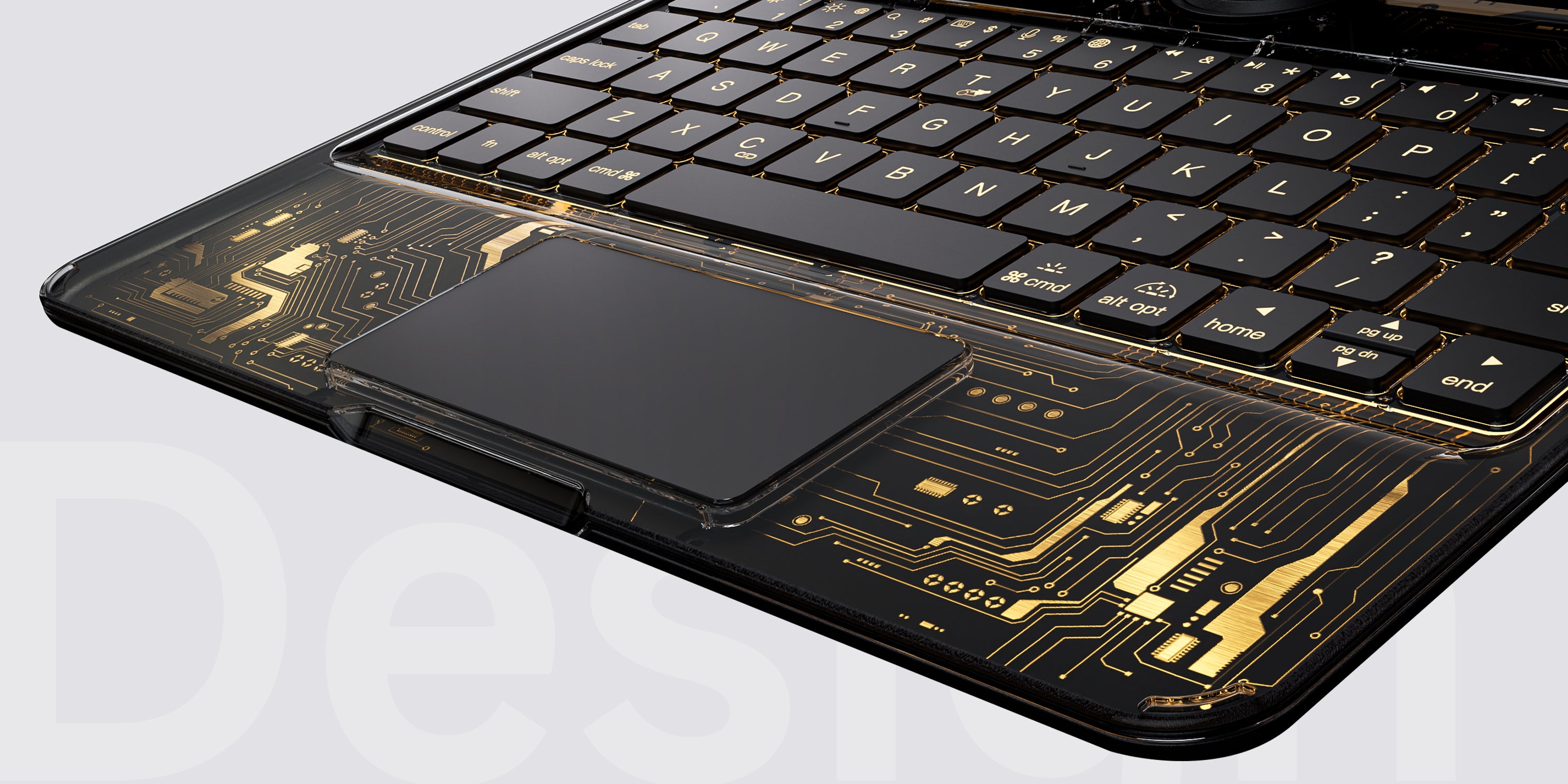 Close-up view of the transparent iPad keyboard case with backlit keys, showcasing sleek design and functionality.