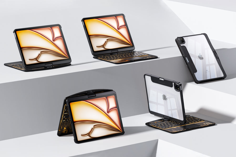 Demonstrating the rotating and folding functionality of the transparent iPad keyboard case for versatile use.