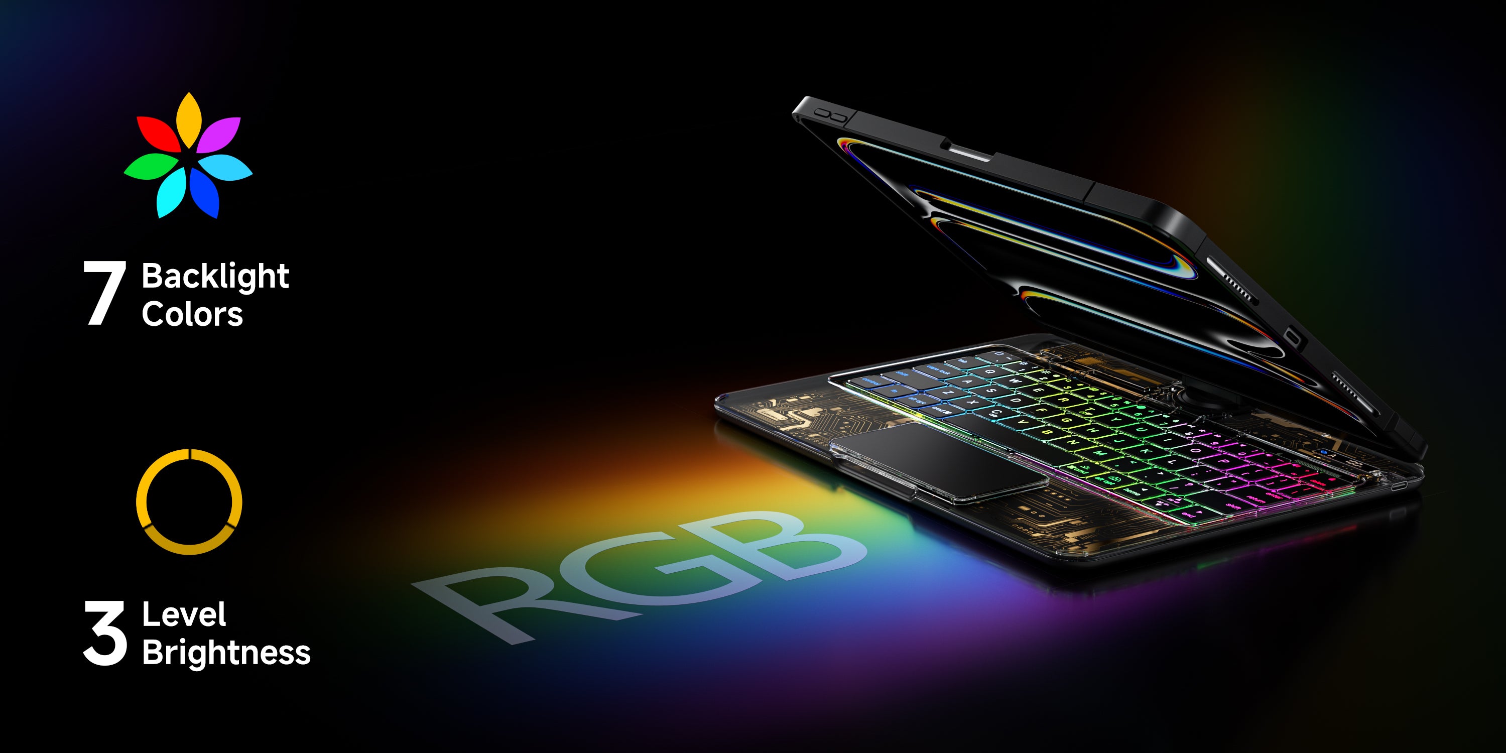 RGB backlight transparent iPad keyboard case, adding color and energy to your workspace.