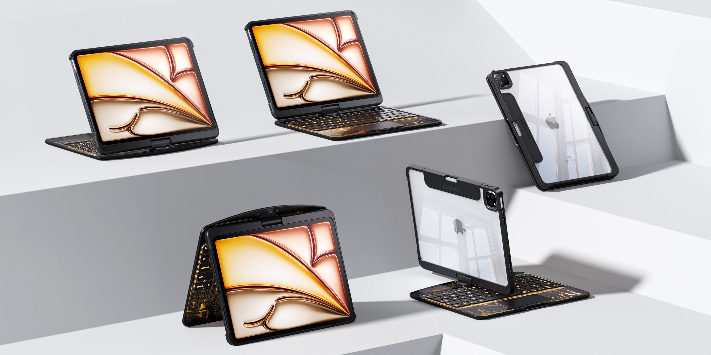 Demonstrating the rotating and folding functionality of the transparent iPad keyboard case for versatile use.