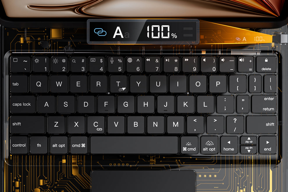 Transparent iPad keyboard case with real-time battery and Bluetooth status display, enhancing workflow and productivity.