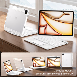 Transparent White Mechanical iPad Keyboard Case – 360° Rotatable,7-Color Backlight, Scissor Keys, Fast Touch