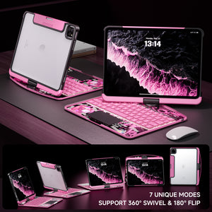Transparent Pink Y2K Style iPad Keyboard Case – 360° Rotatable,7-Color Backlight, Scissor Keys, Fast Touch