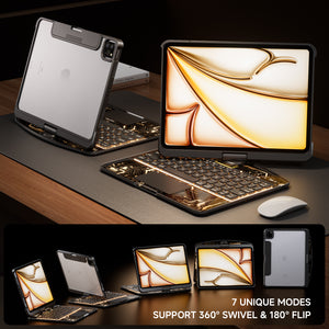 Transparent Black & Gold Mechanical Style iPad Keyboard Case – 360° Rotatable,7-Color Backlight, Scissor Keys, Fast Touch