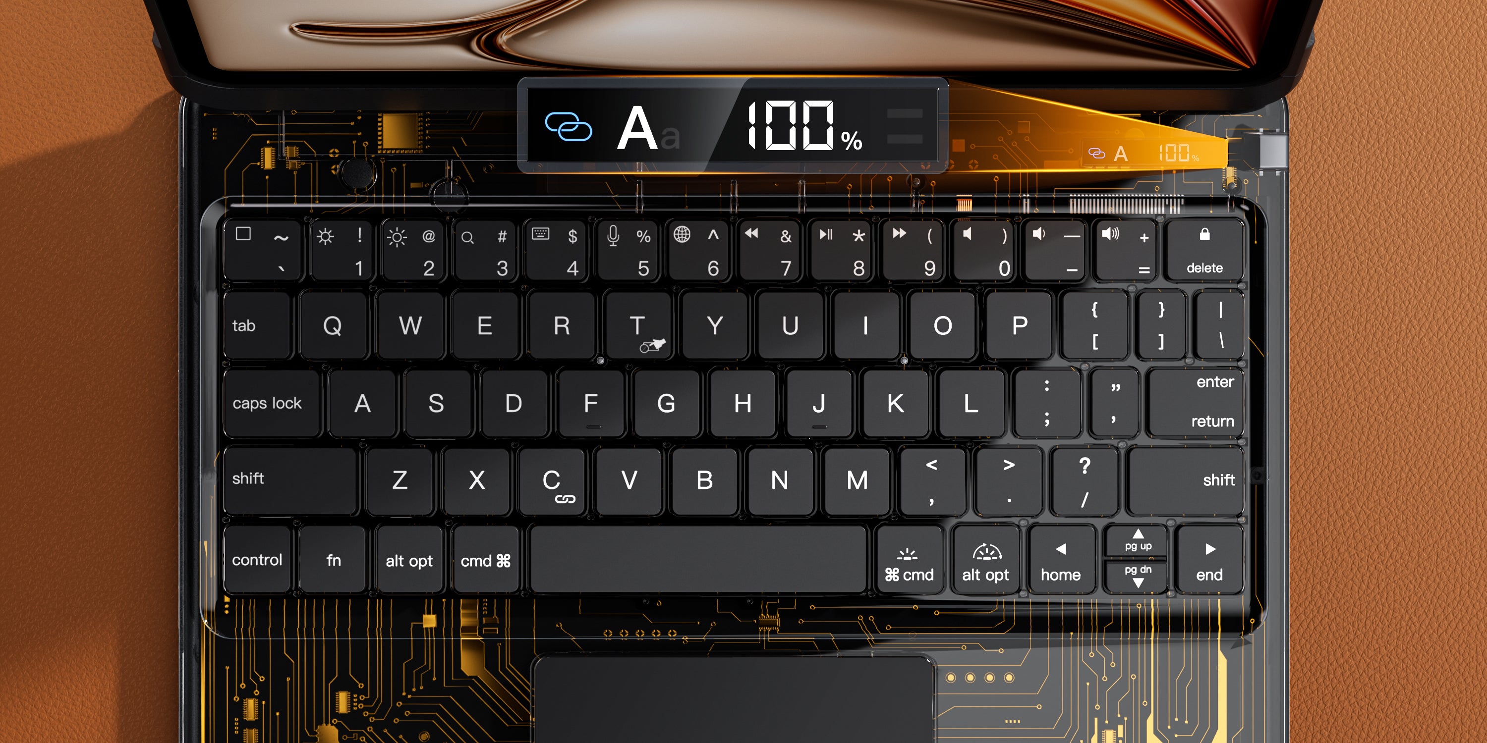 Transparent iPad keyboard case with real-time battery and Bluetooth status display, enhancing workflow and productivity.