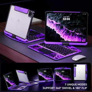 Transparent Purple Y2K Style iPad Keyboard Case – 360° Rotatable,7-Color Backlight, Scissor Keys, Fast Touch