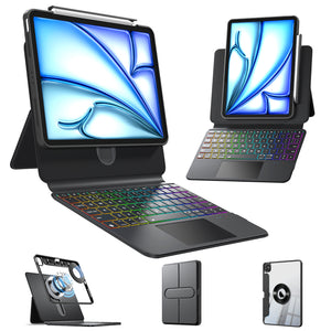 Sliding Rail Keyboard Case – Adjustable Height & 360° Rotating, Magnetic Detachable, 7-Color RGB Backlit & Bluetooth Connectivity