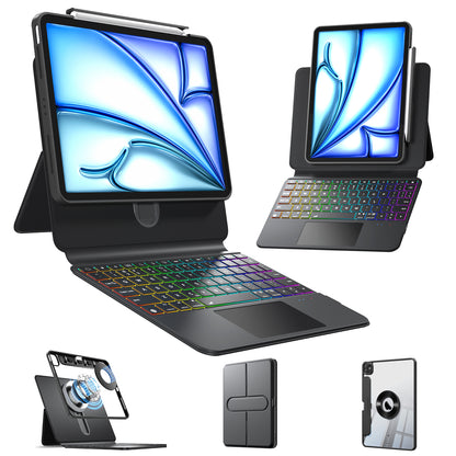 Sliding Rail Keyboard Case – Adjustable Height & 360° Rotating, Magnetic Detachable, 7-Color RGB Backlit & Bluetooth Connectivity