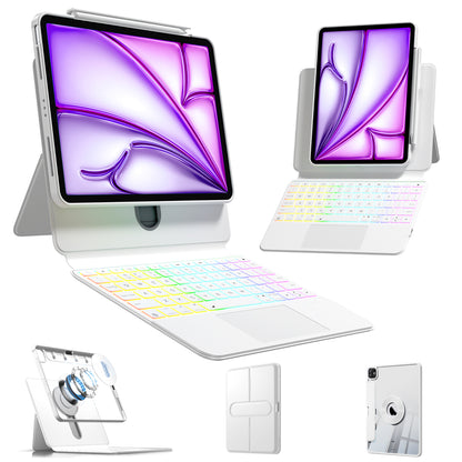 Sliding Rail Keyboard Case – Adjustable Height & 360° Rotating, Magnetic Detachable, 7-Color RGB Backlit & Bluetooth Connectivity