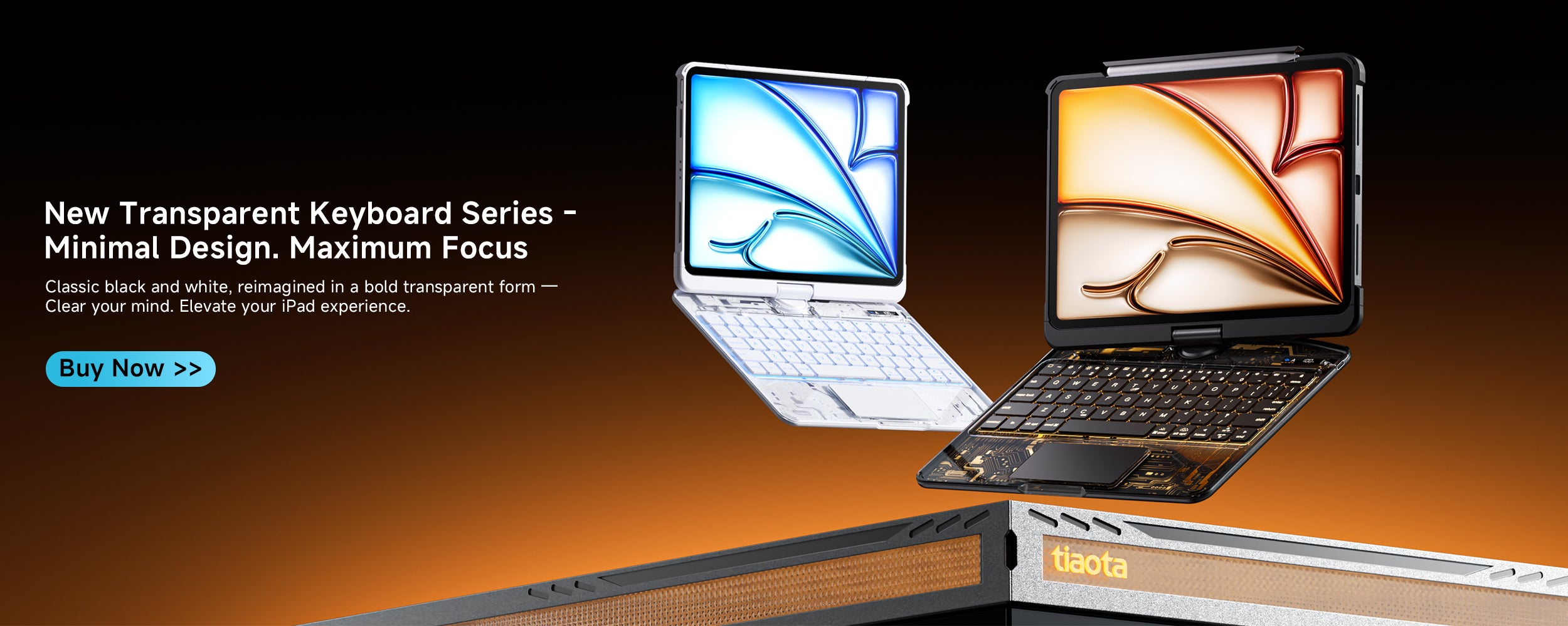 Transparent iPad keyboard case with RGB backlight and sleek design, enhancing workspace aesthetics.