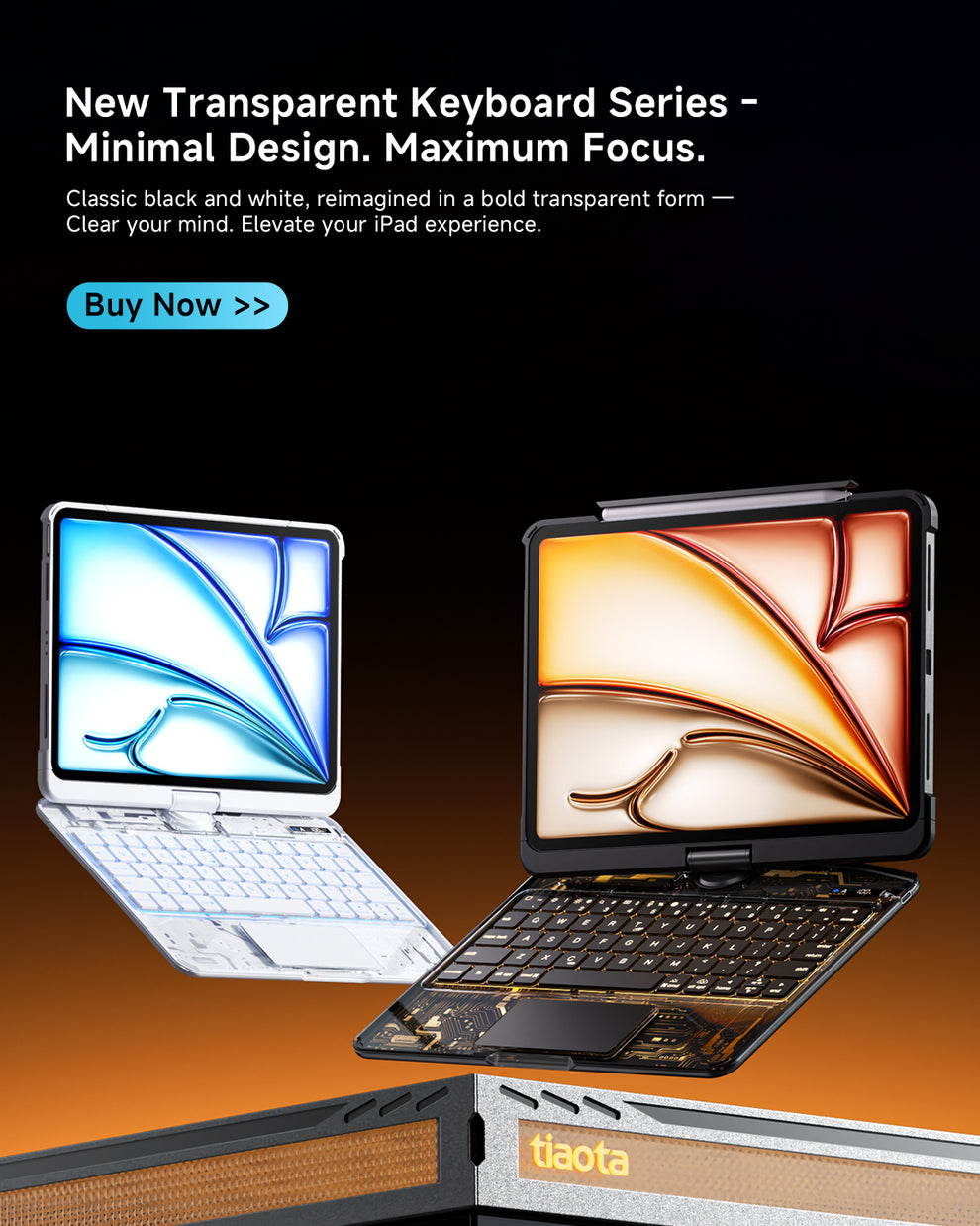 Transparent iPad keyboard case with RGB backlight and sleek design, enhancing workspace aesthetics.