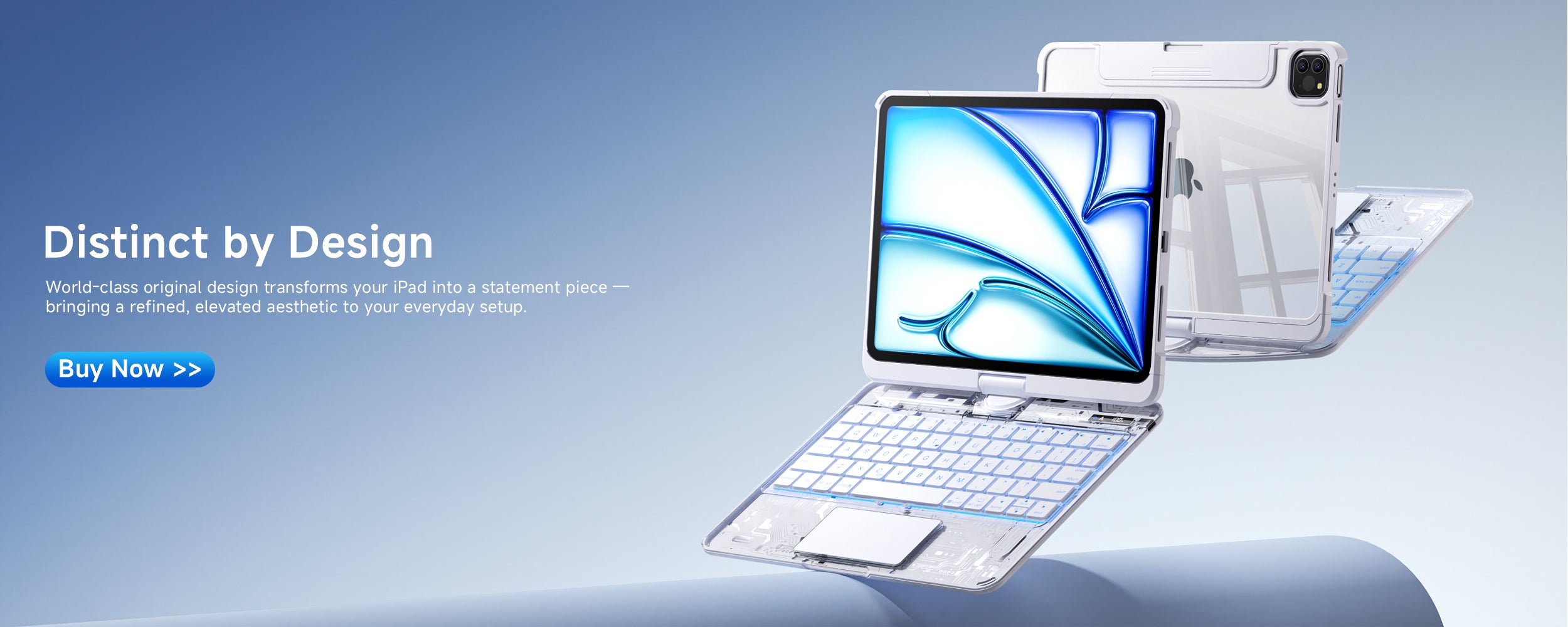 Distinct by design – A transparent iPad keyboard case with a white keyboard, showcasing a sleek, minimalistic design and elevated aesthetic, paired with a refined iPad in a modern setup.