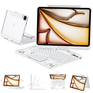 Transparent White Mechanical iPad Keyboard Case – 360° Rotatable,7-Color Backlight, Scissor Keys, Fast Touch