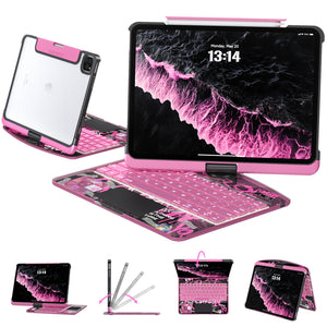 Transparent Pink Y2K Style iPad Keyboard Case – 360° Rotatable,7-Color Backlight, Scissor Keys, Fast Touch