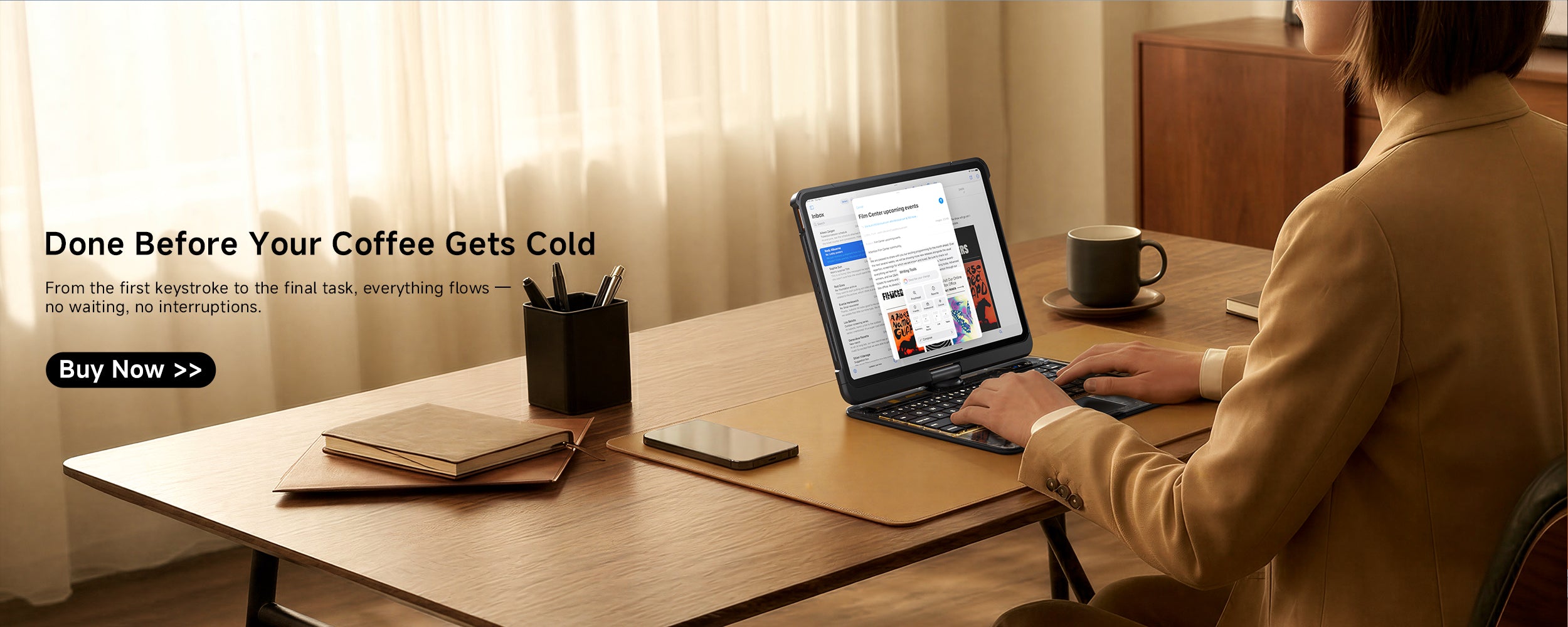 Done before your coffee gets cold – A user comfortably typing on a transparent iPad keyboard case at a desk with a warm cup of coffee, highlighting productivity without interruptions in a cozy environment.