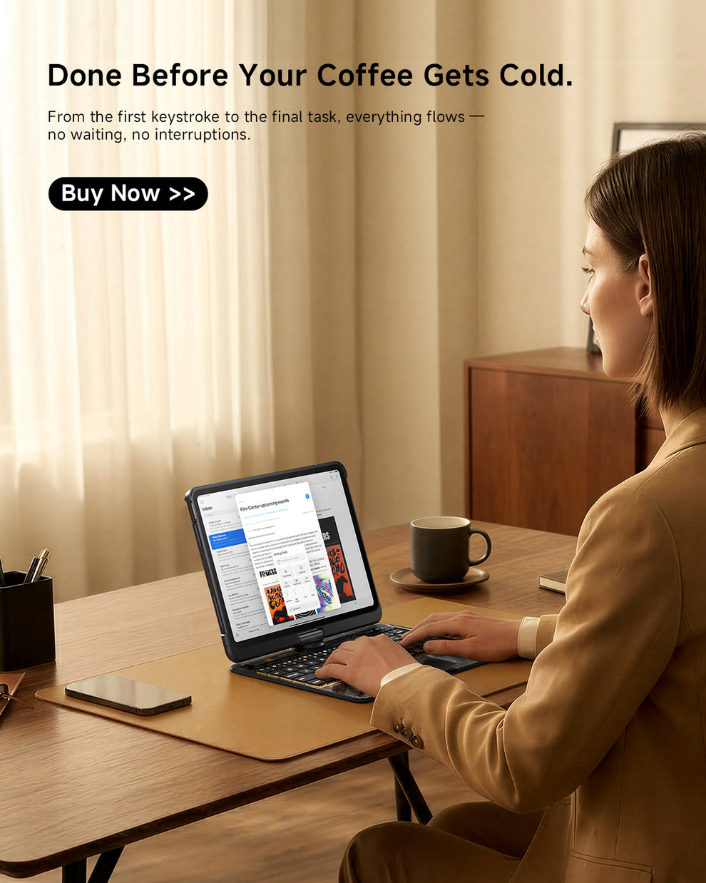 Done before your coffee gets cold – A user comfortably typing on a transparent iPad keyboard case at a desk with a warm cup of coffee, highlighting productivity without interruptions in a cozy environment.
