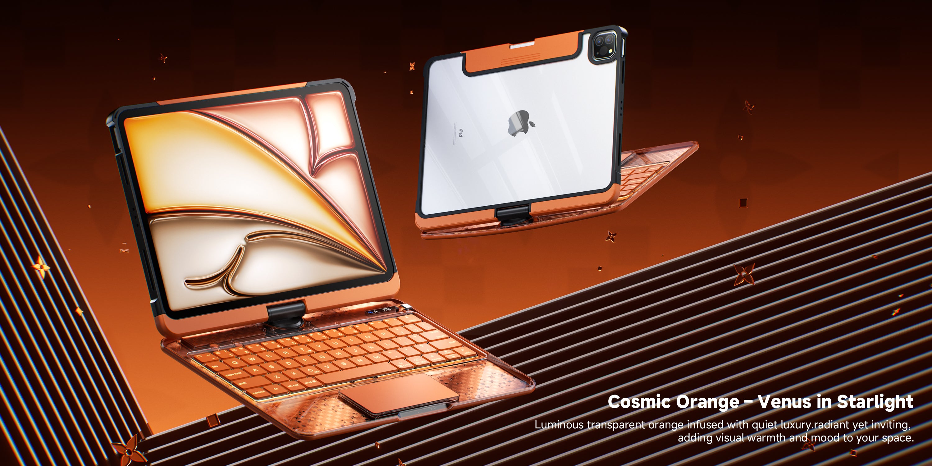 Cosmic Orange transparent iPad keyboard case, designed to combine aesthetics with functionality.