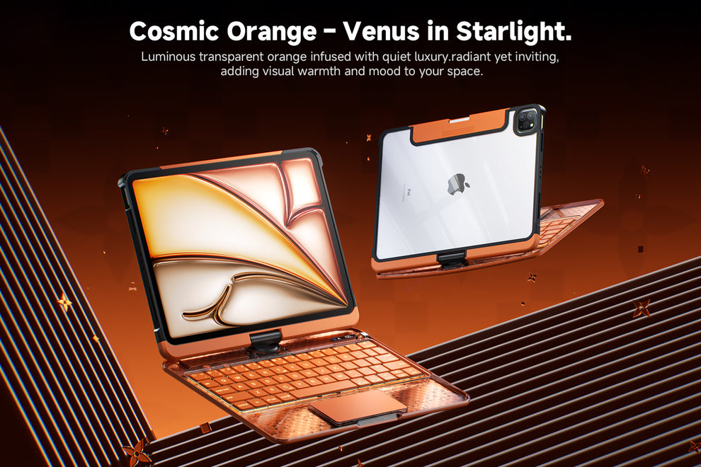 Cosmic Orange transparent iPad keyboard case, designed to combine aesthetics with functionality.