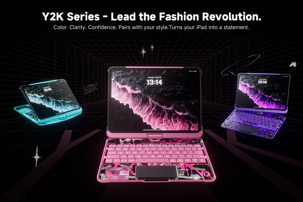 Y2K Series iPad keyboard case with vibrant RGB backlighting and transparent design for aesthetic and productivity.
