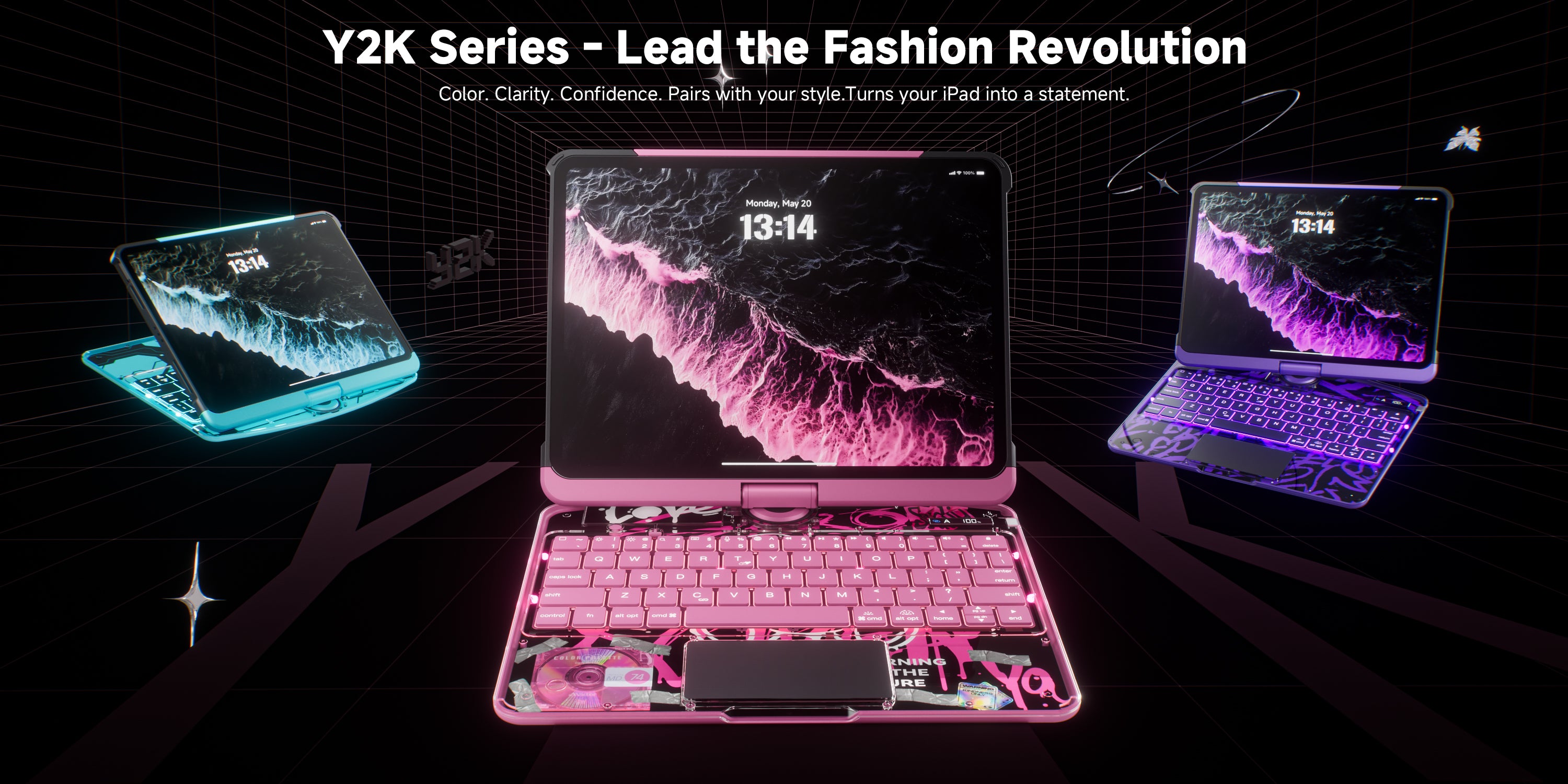 Y2K Series iPad keyboard case with vibrant RGB backlighting and transparent design for aesthetic and productivity.