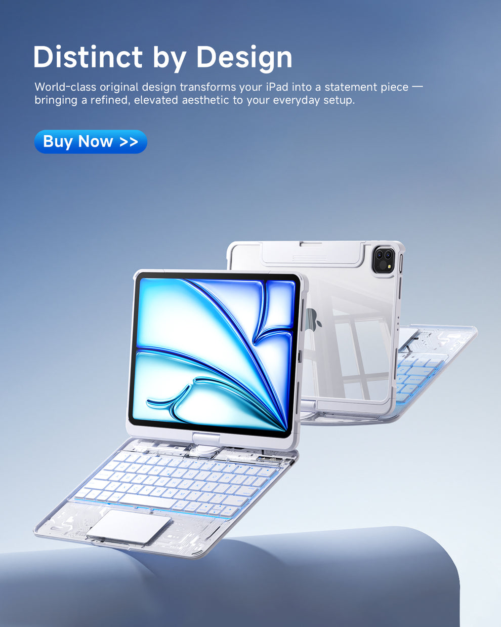 Distinct by design – A transparent iPad keyboard case with a white keyboard, showcasing a sleek, minimalistic design and elevated aesthetic, paired with a refined iPad in a modern setup.