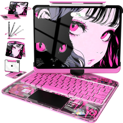 Y2K Pink Transparent iPad Keyboard Case – 360° Rotatable, 7-Color Backlight, Multi-Touch