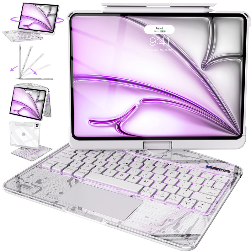 Transparent White Mechanical Style iPad Keyboard Case – 360° Rotatable,7-Color Backlight,Multi-Touch