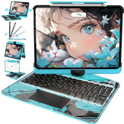 Y2K Blue Transparent iPad Keyboard Case – 360° Rotatable, 7-Color Backlight, Multi-Touch