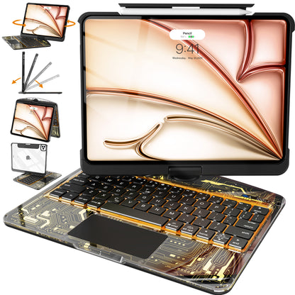 Transparent Black Mechanical Style iPad Keyboard Case – 360° Rotatable, 7-Color Backlight, Multi-Touch